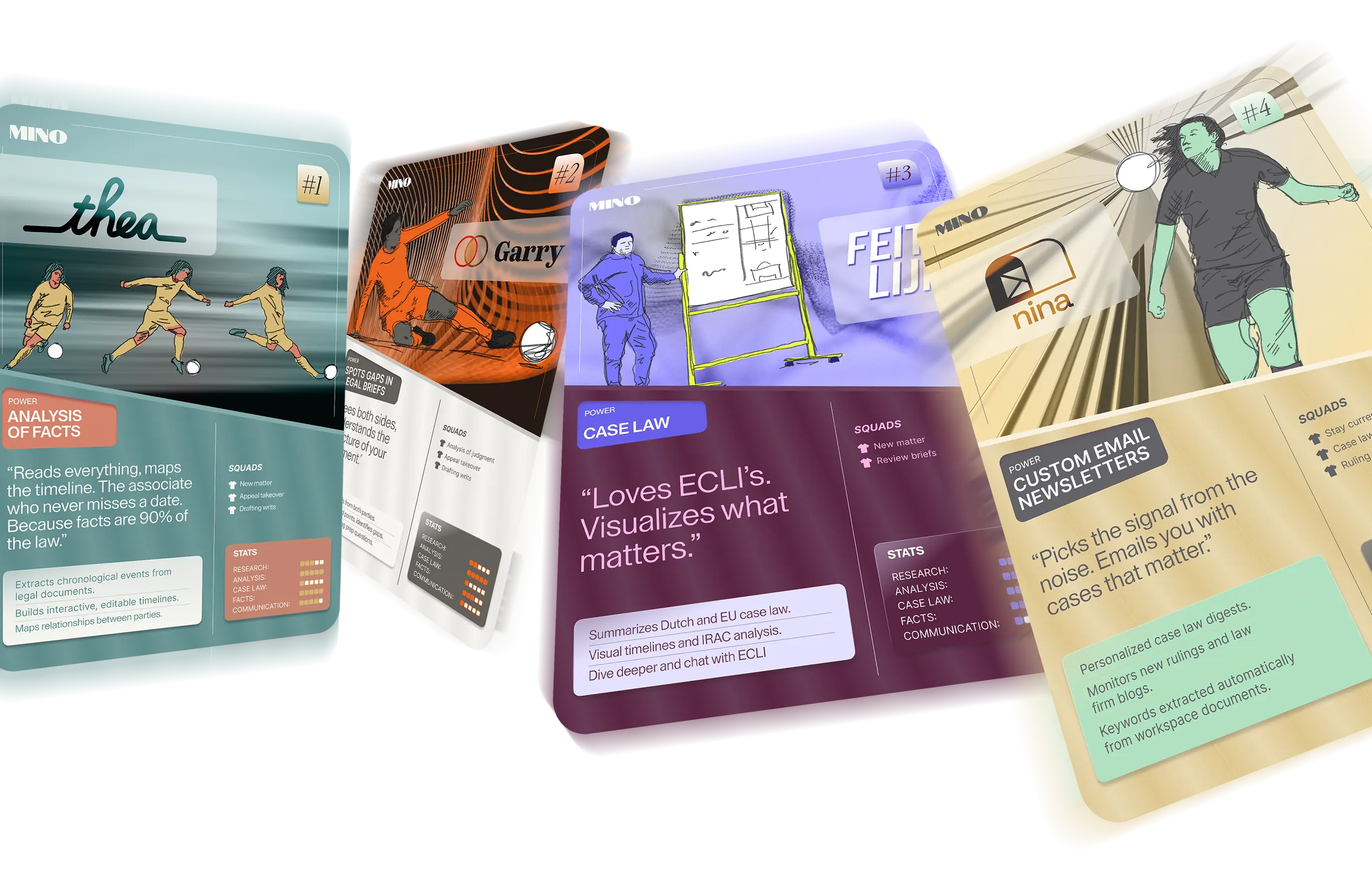 Mino agent cards — Thea, Garry, Feitlijn, and Nina — assembled like a trading card squad