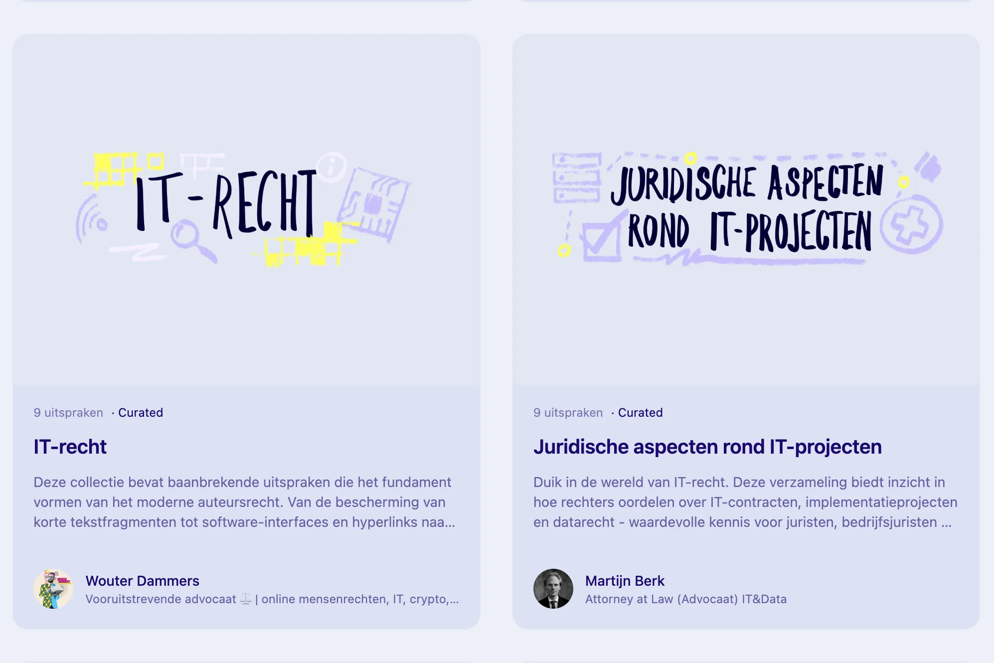 Two curated collections in Feitlijn, IT-recht and Juridische aspecten rond IT-projecten, each with nine rulings and the expert who assembled it