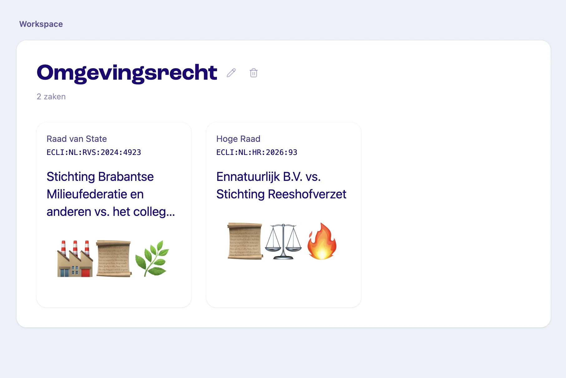 A folder in Feitlijn named Omgevingsrecht with two cases, one from the Raad van State and one from the Hoge Raad