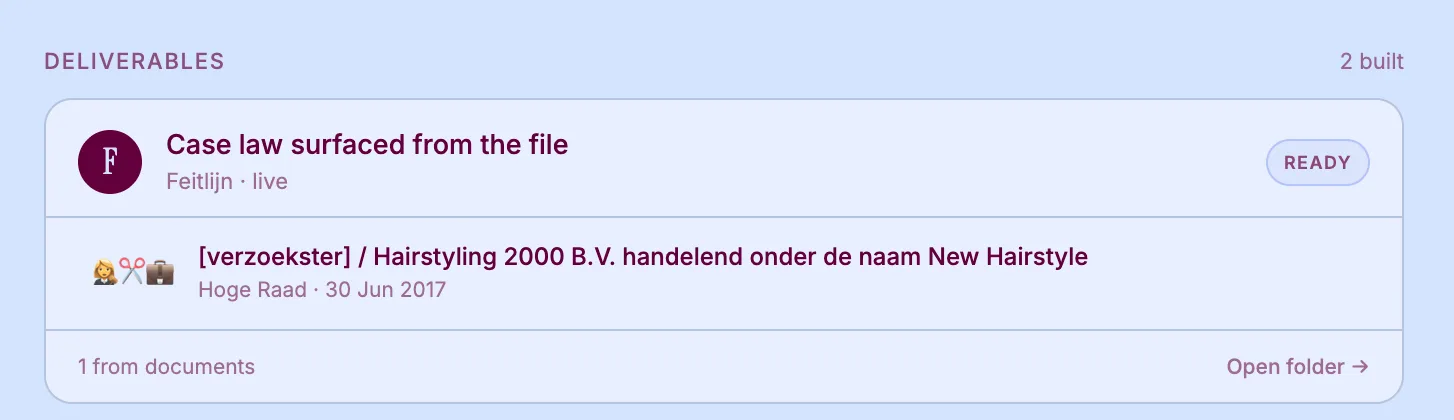 A matter in Mino with the deliverable Case law surfaced from the file: one Hoge Raad ruling from 30 June 2017, 1 from documents, Open folder