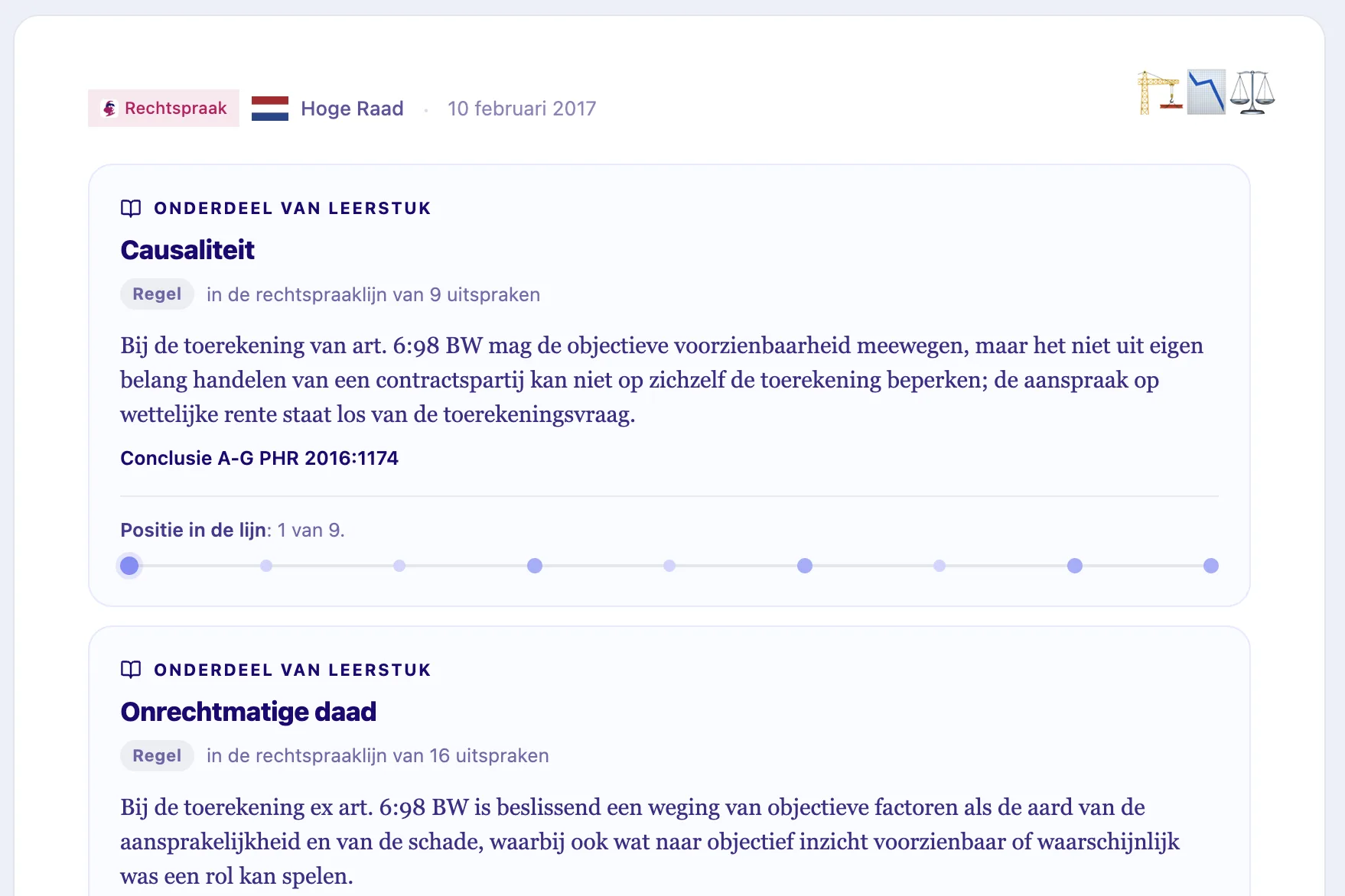 A Supreme Court case page showing Onderdeel van leerstuk: Causaliteit, the rule the ruling stands for, and its position in the line, 1 of 9