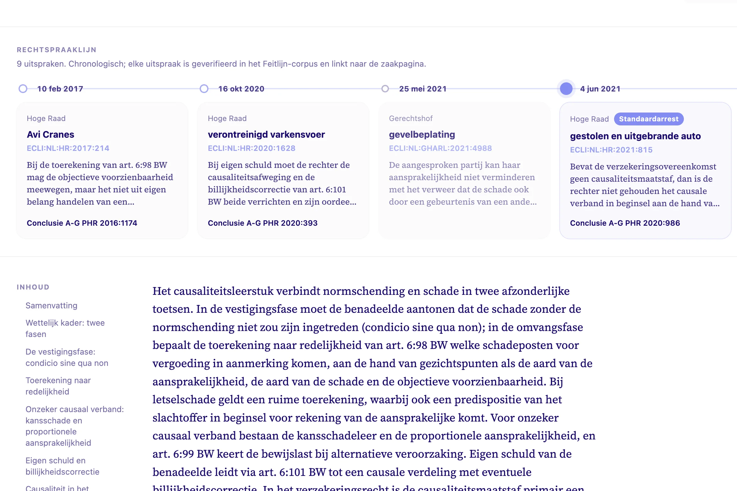The doctrine page for causation: the line of case law with nine rulings in order, from Avi Cranes in 2017 to the landmark ruling of 4 June 2021, above the lemma text and its table of contents