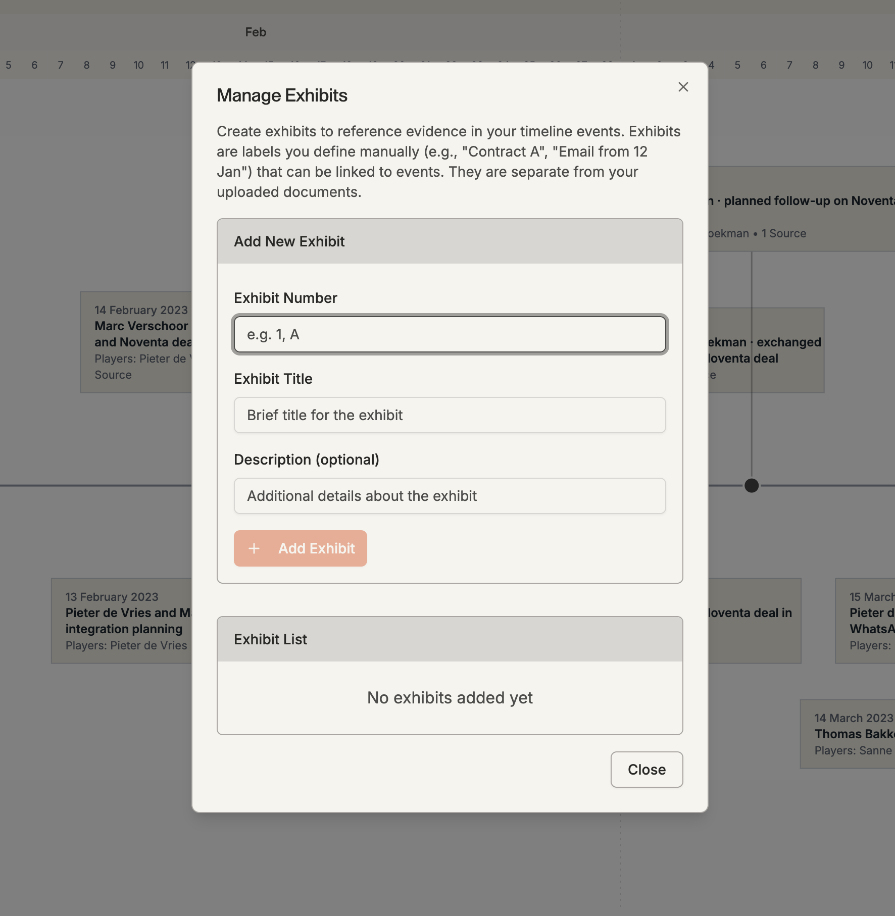 Managing exhibits in Thea