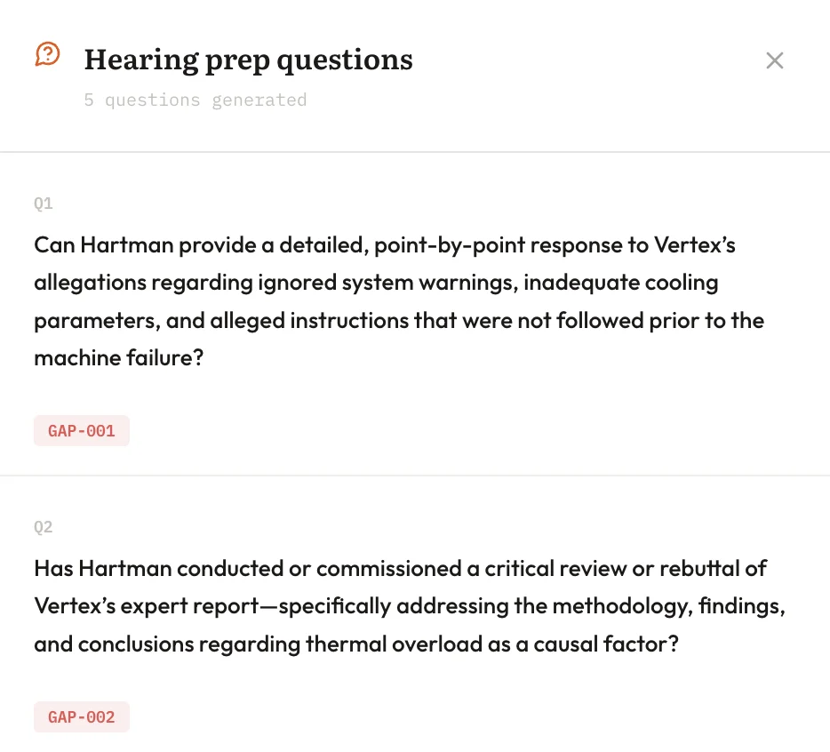 Garry's hearing prep: questions the court is likely to ask, generated from the gap analysis