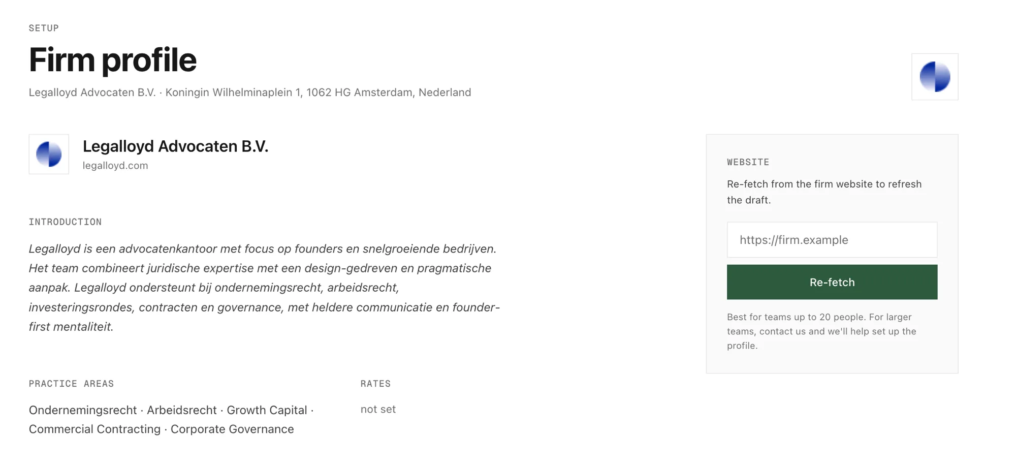 Gordon's firm profile, prefilled from the firm's website and left for you to edit